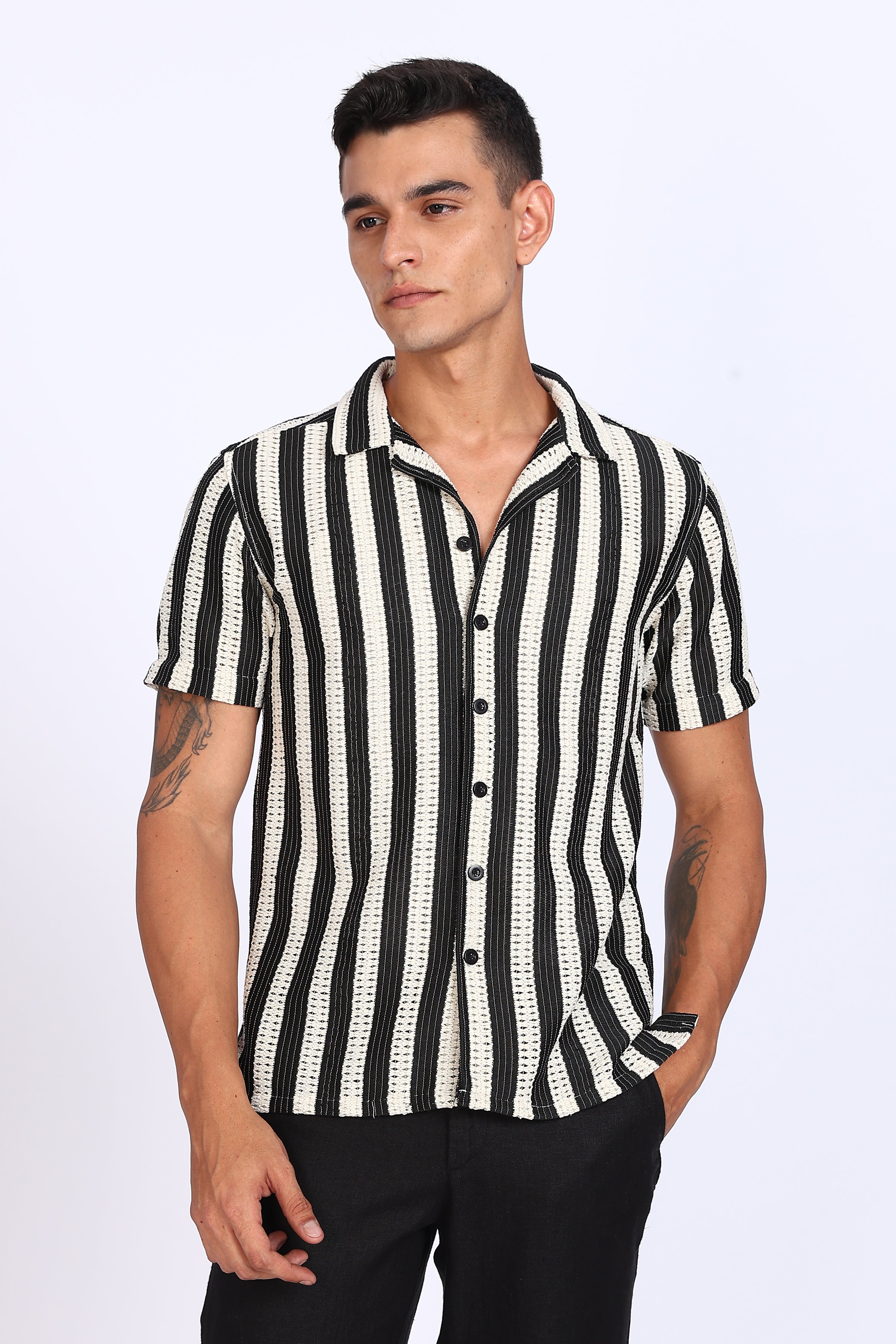 Black White Stripe Crochet Shirt