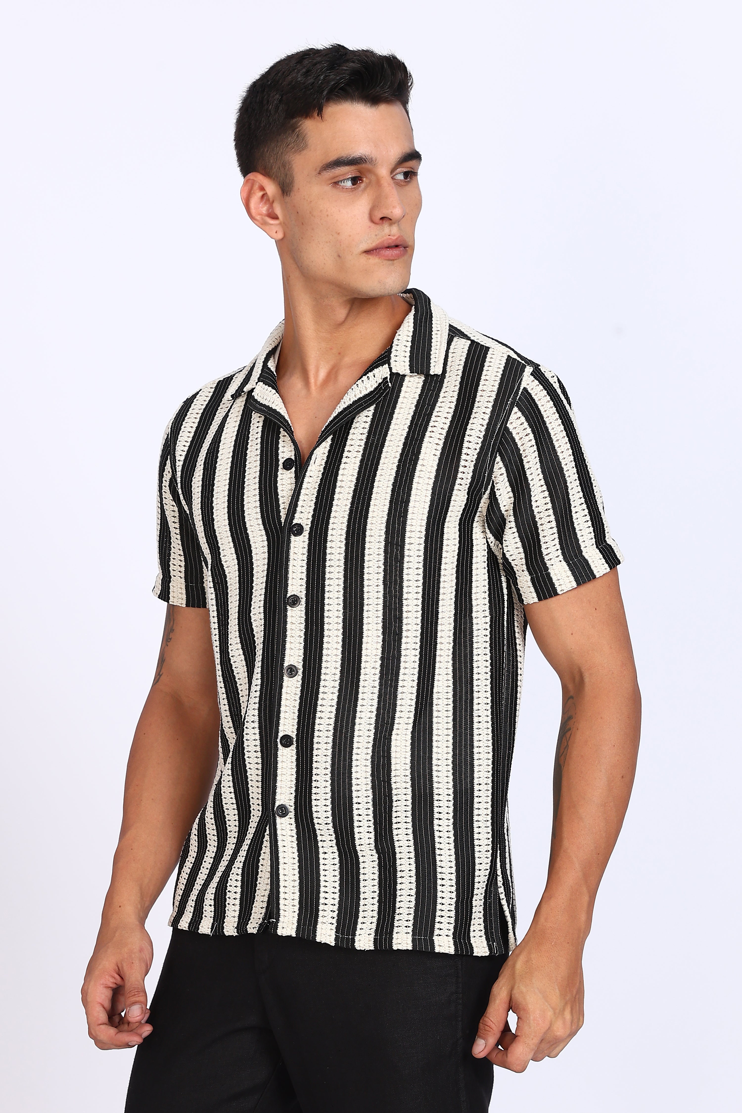 Black White Stripe Crochet Shirt