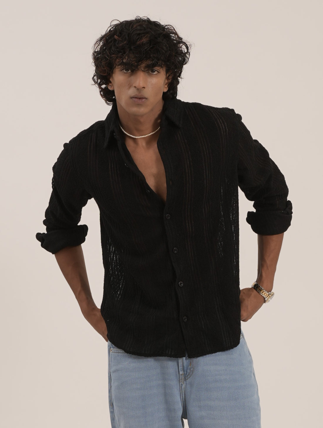 Men’s Black Crochet Textured Shirt