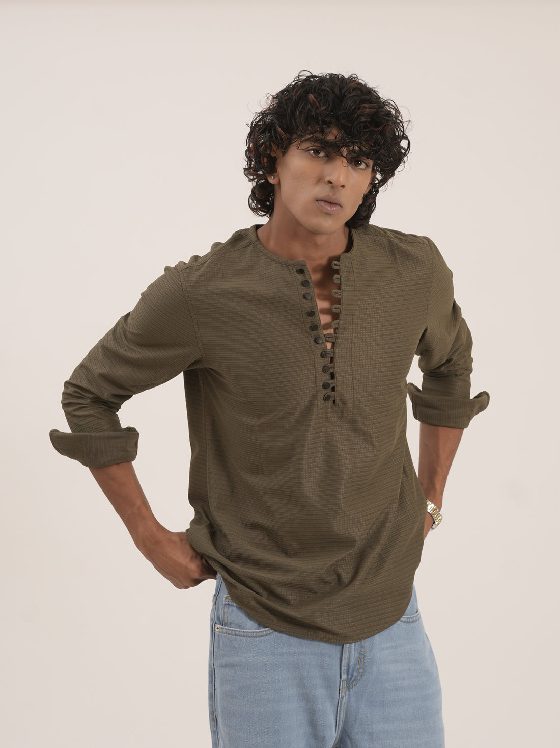 Olive Textured Short Kurta