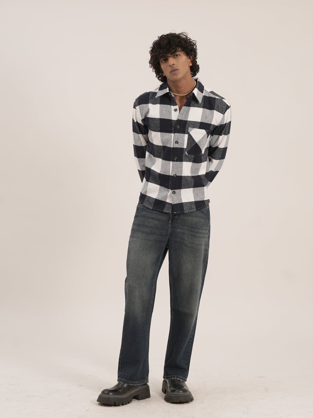 Navy Blue & White Checkered Cropped Shirt
