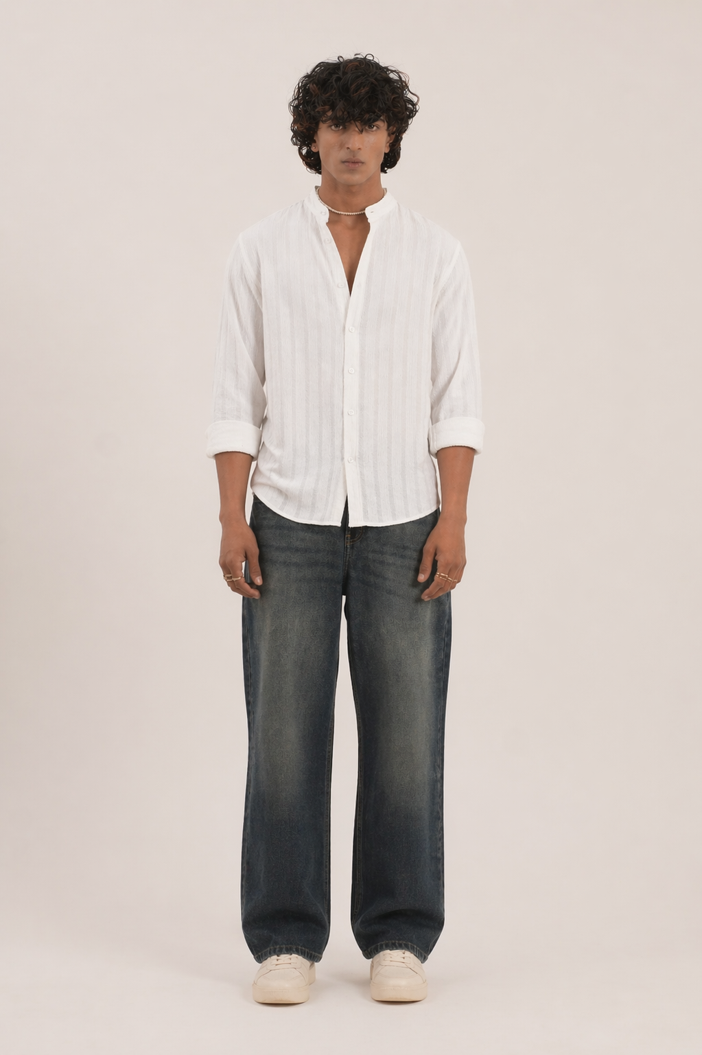 White Mandarin Collar Textured Shirt