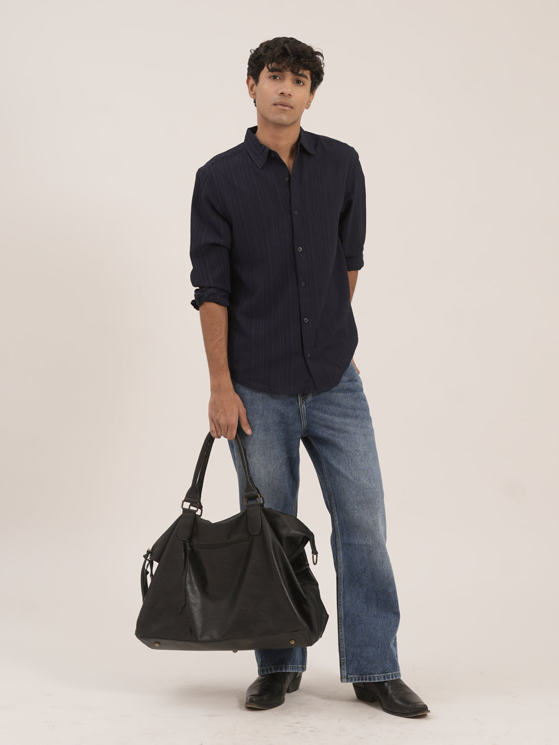 Navy Blue Textured Lightweight Full Sleeve Shirt
